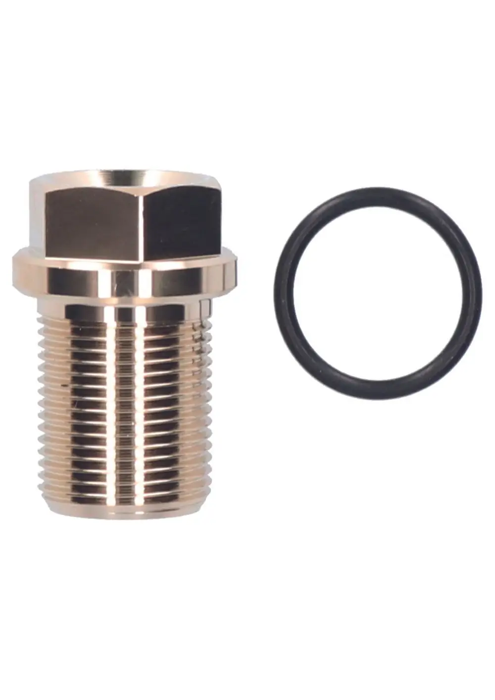 Judo Anschlussstück aus Metall mit einem abgedichteten O-Ring. Geeignet für Rohrverbindungen. Sichtbare Gewinde und hexagonaler Kopf zur Befestigung.